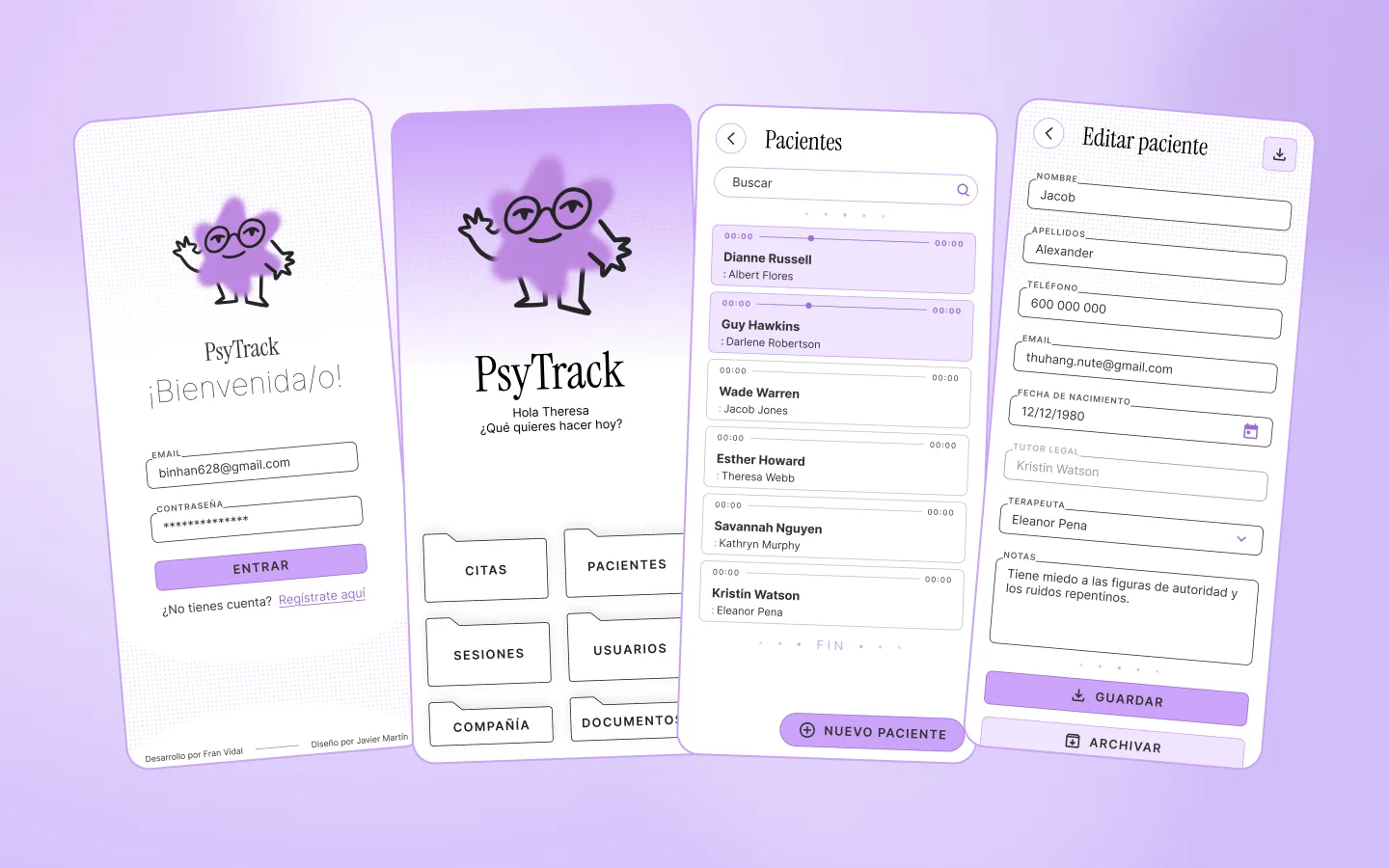 Final PsyTrack screens: login, home, patients and patient editing